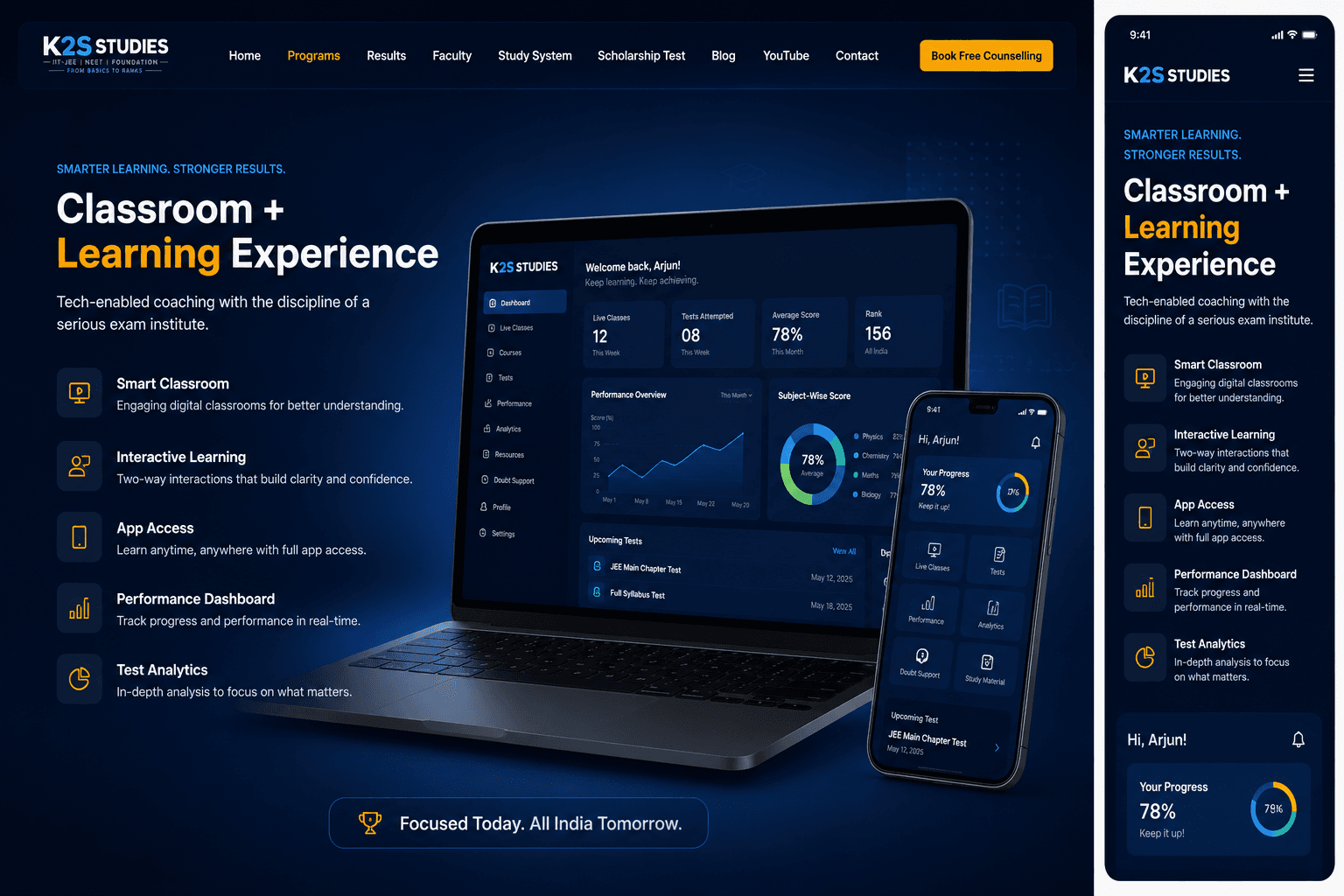 K2S app and performance dashboard — live classes, tests, and analytics