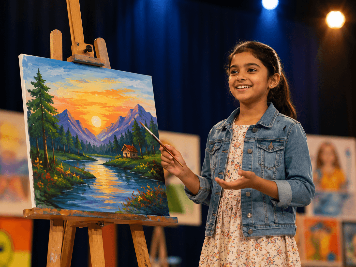 Child presenting artwork on stage at the showcase