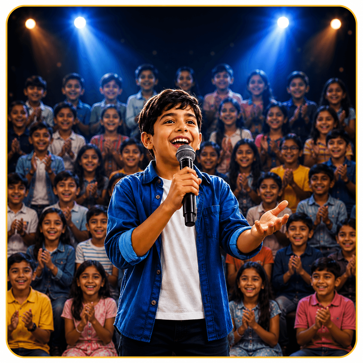 Child performing confidently on stage with peers cheering