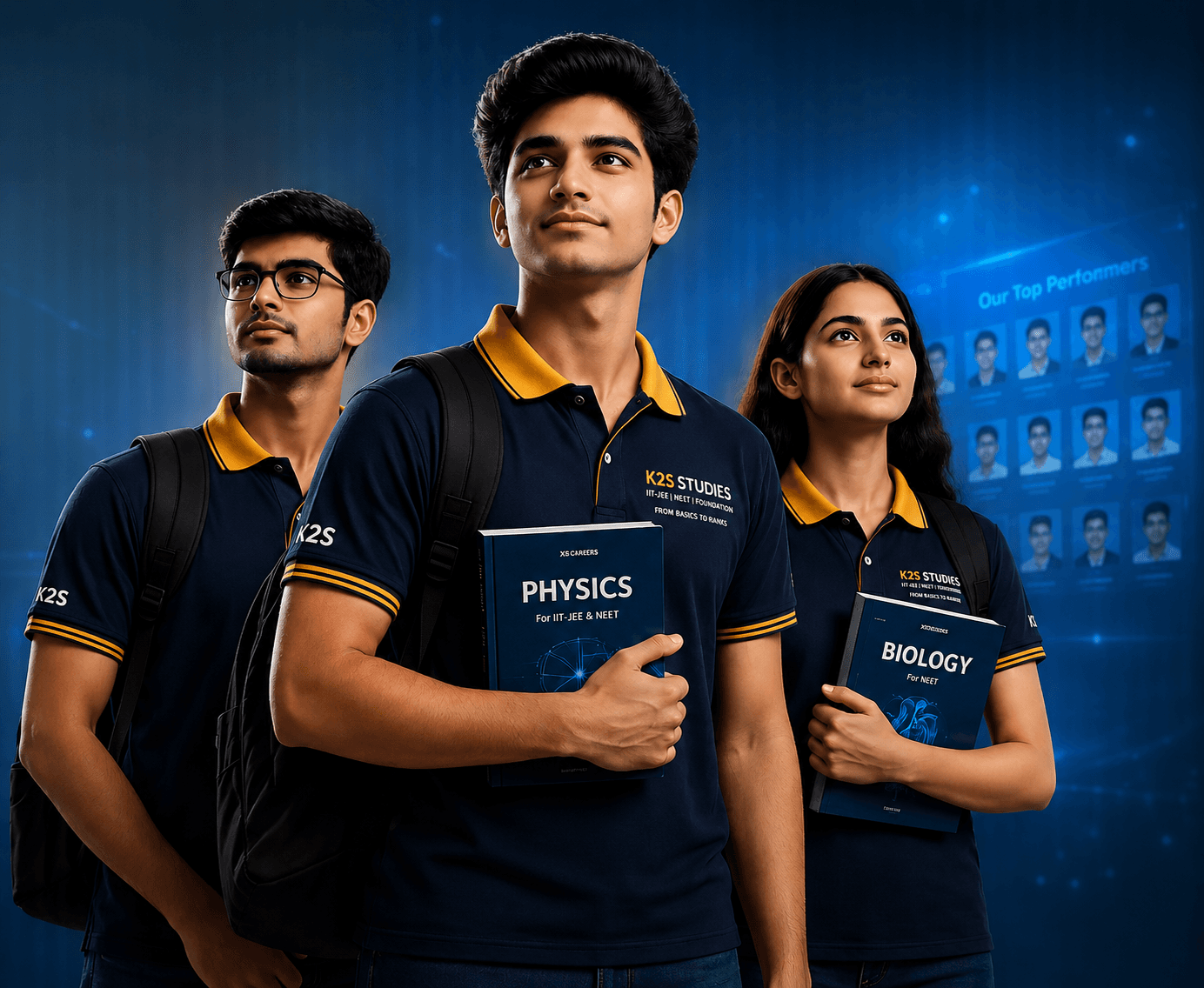K2S Studies students with Physics and Biology textbooks preparing for IIT-JEE and NEET