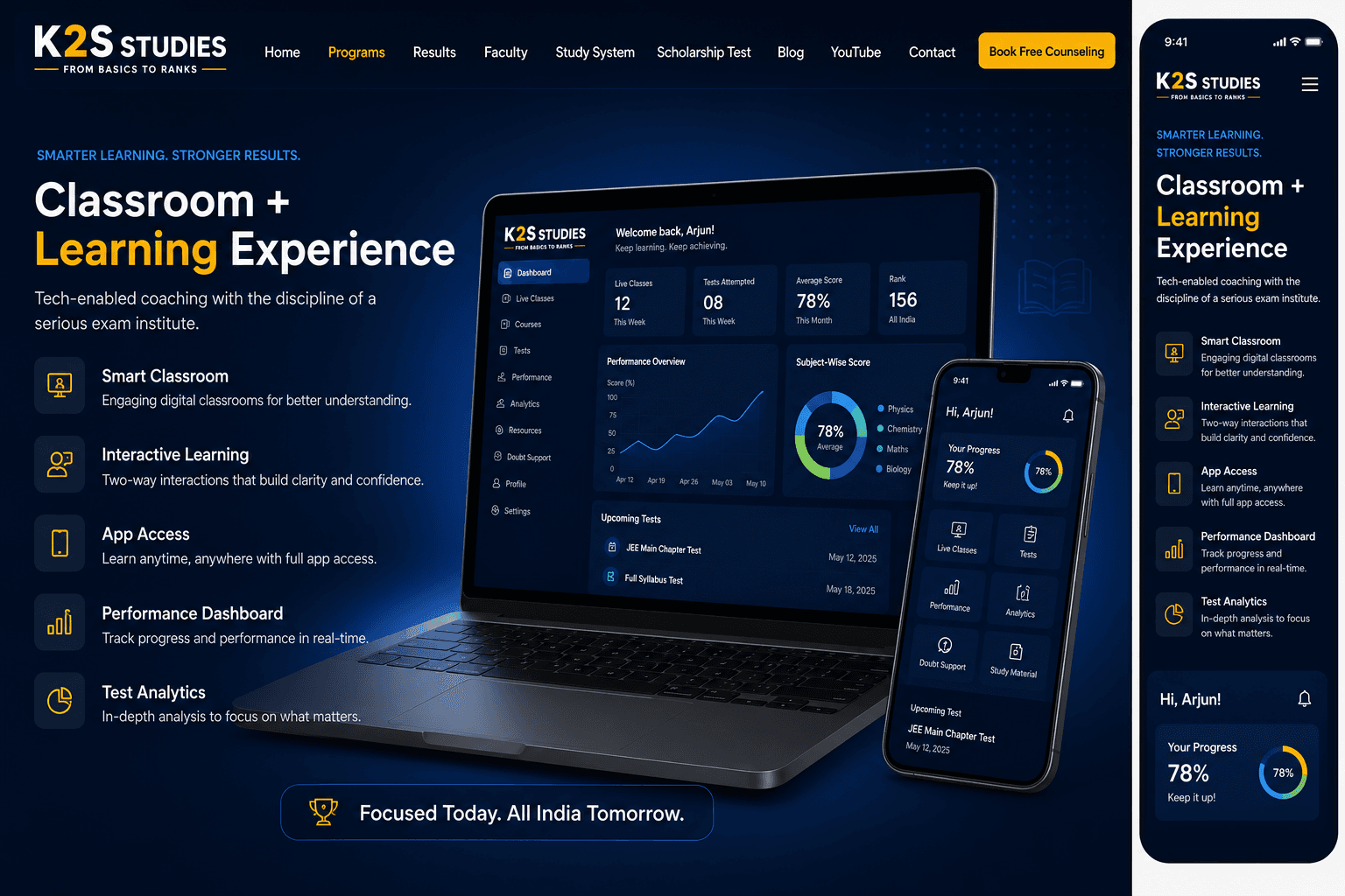 K2S app and performance dashboard — live classes, tests, and analytics