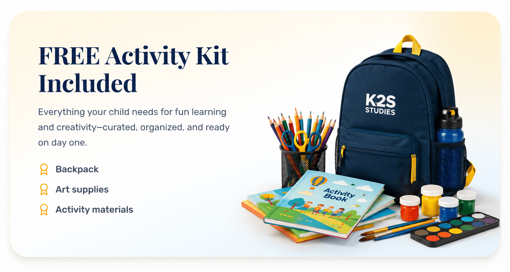 K2S Little Champs free activity kit with backpack, art supplies, and activity materials