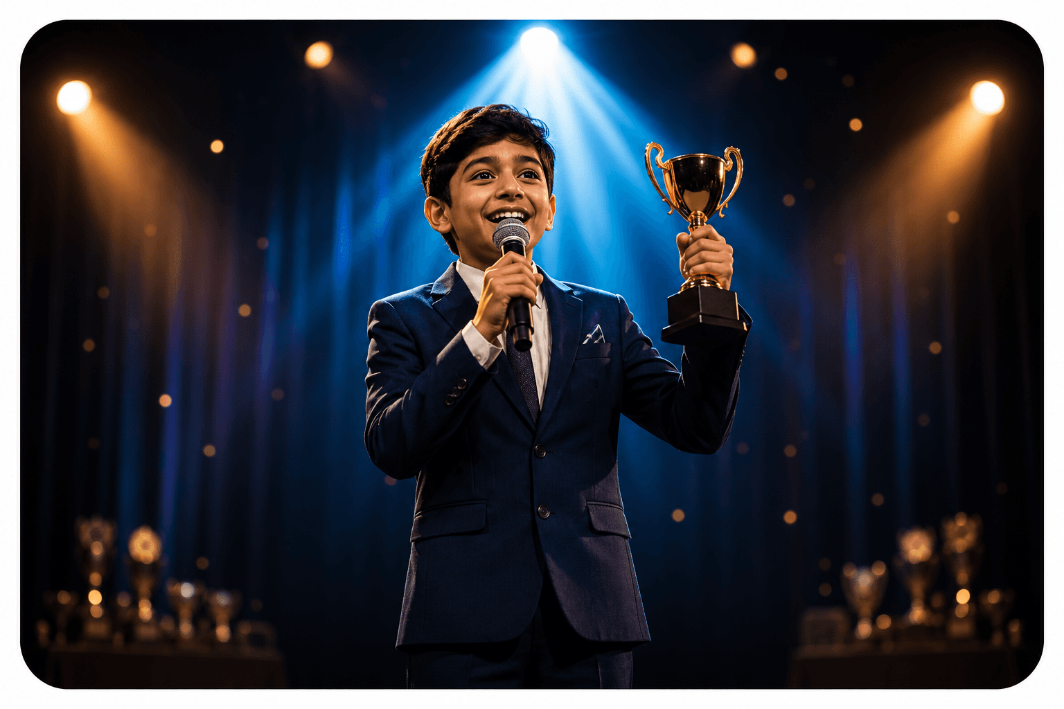 Child celebrating on stage with trophy after performance