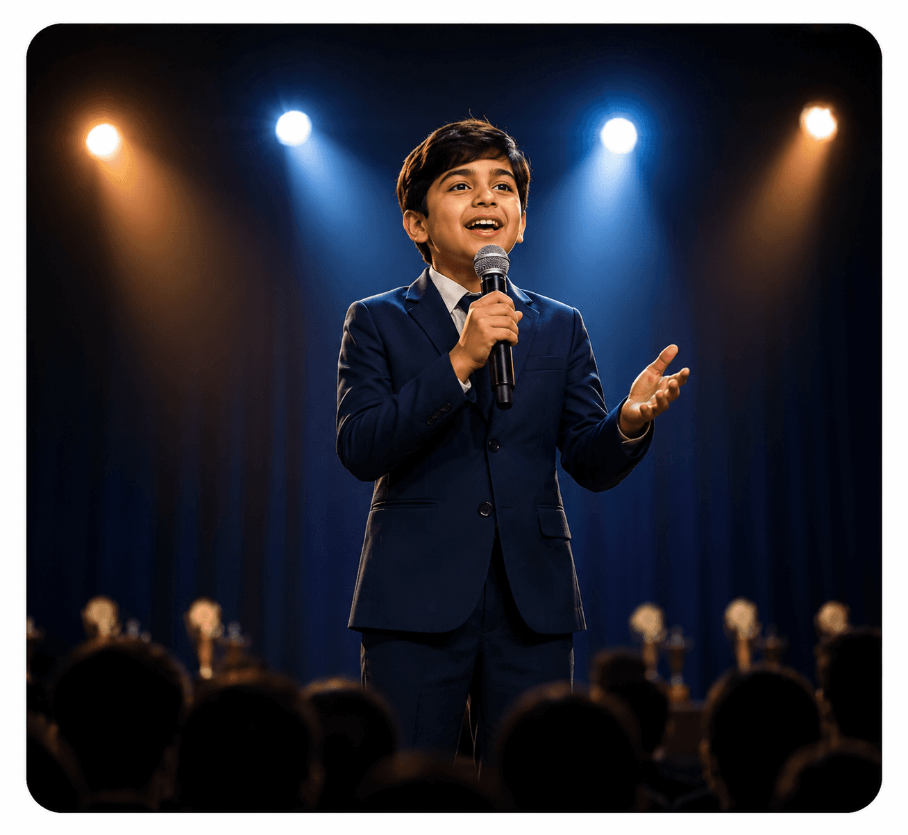 Child speaking confidently on stage under spotlights