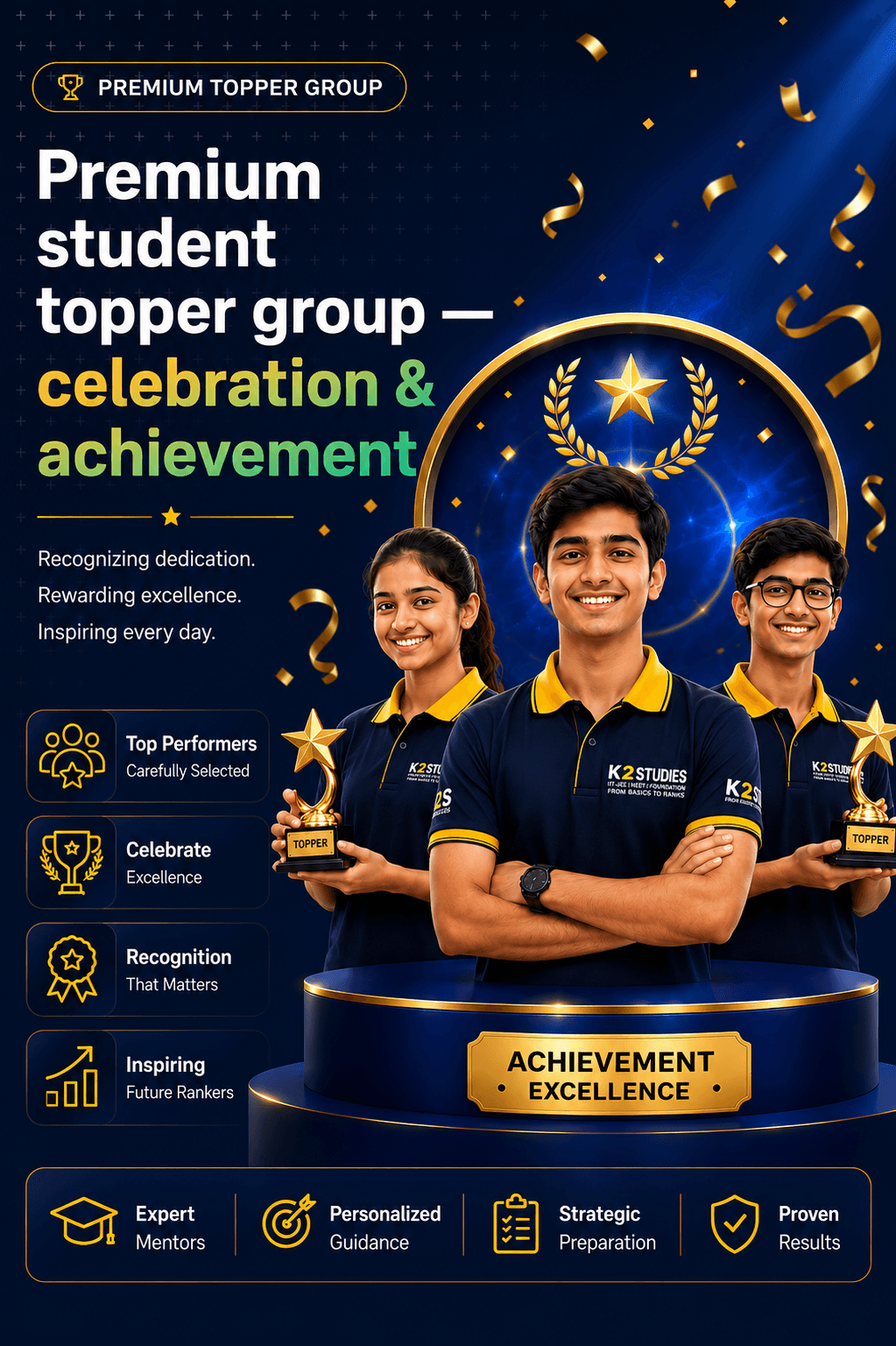 K2S Studies premium topper group — celebration, achievement, and recognition for top performers